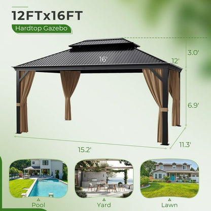 Furmax 10' x 12' Outdoor Hardtop Gazebo Galvanized Steel Metal Double Roof and Aluminum Frame with Canopy, Netting, Curtains Permanent Pergola for Patio Backyard Garden Lawns Parties