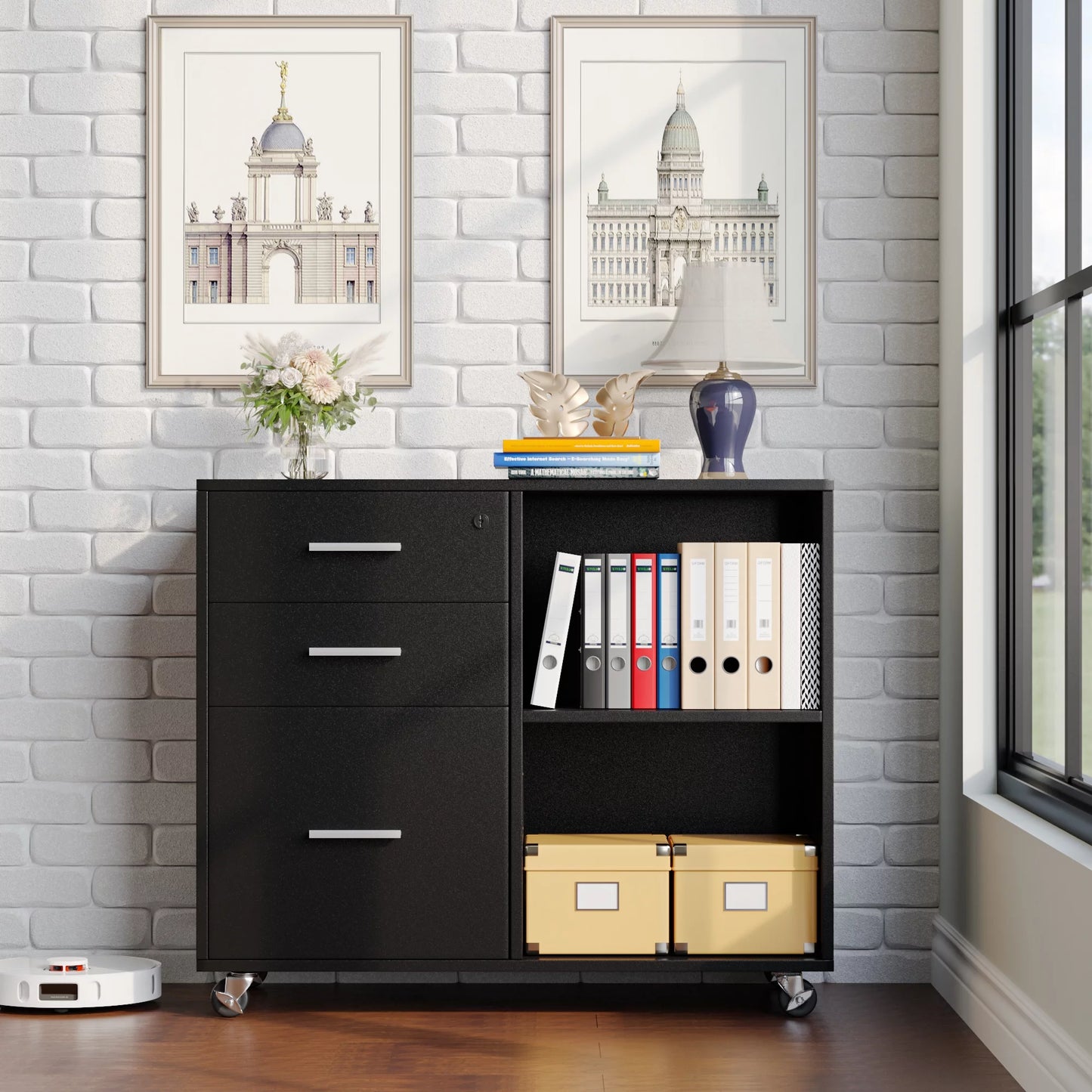 Furmax 3 Drawer Wood File Cabinet, Mobile Lateral Filing Cabinet, Printer Stand with Open Storage Shelves for Home Office, Black