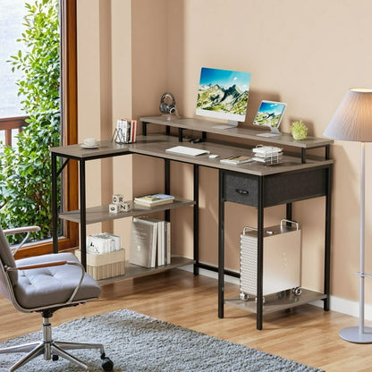 Furmax L-Shape Office Desk Gaming Table with LED Lights Built-in Socket Computer Stand Cloth Drawer 2 Types of Assembly