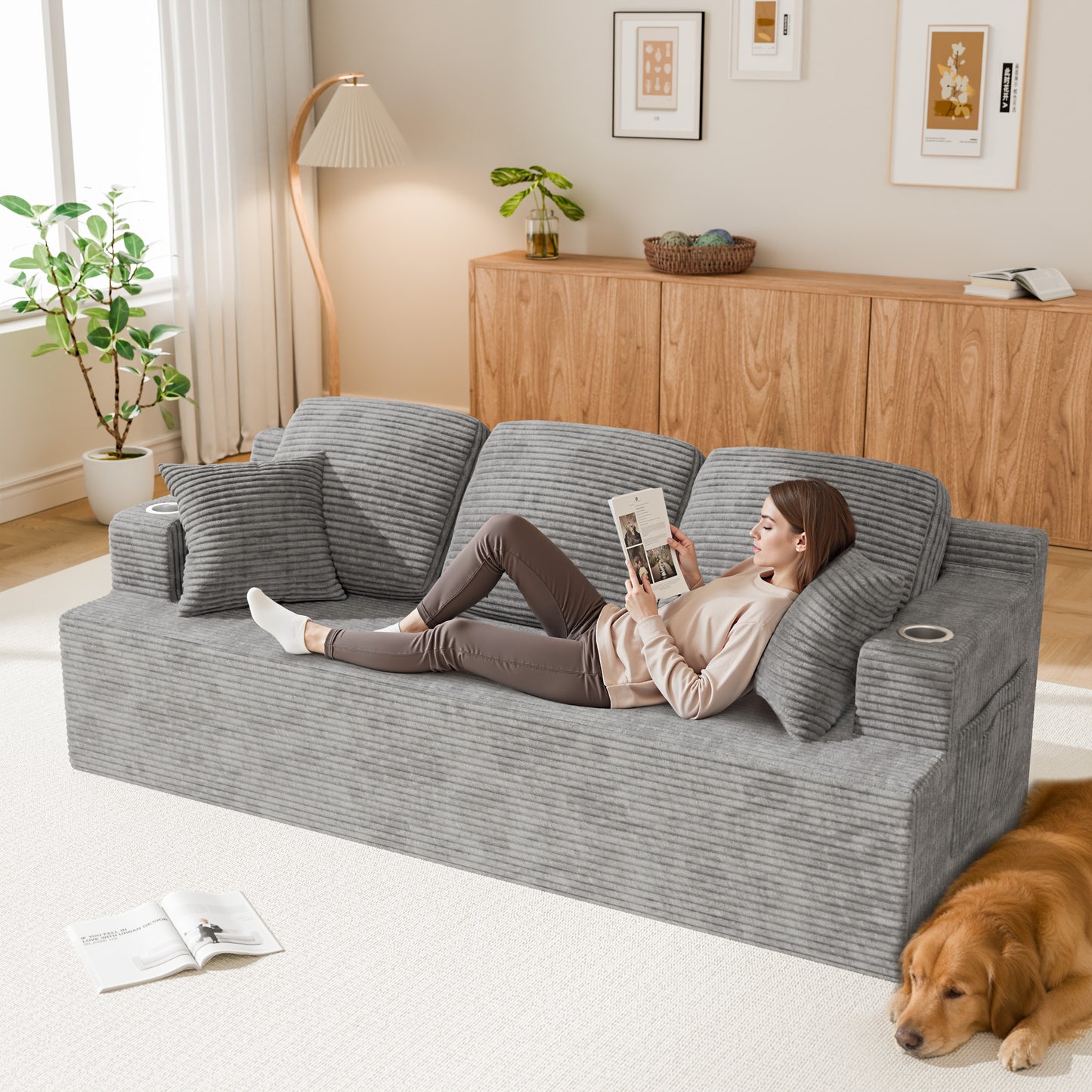 Furmax 86.61" Boneless Sofa with Side Pocket 3 Seats Cloud Loveseat Couch Soft Corduroy Sleeper Sofa Bed with Extra Deep Seats for Living Room