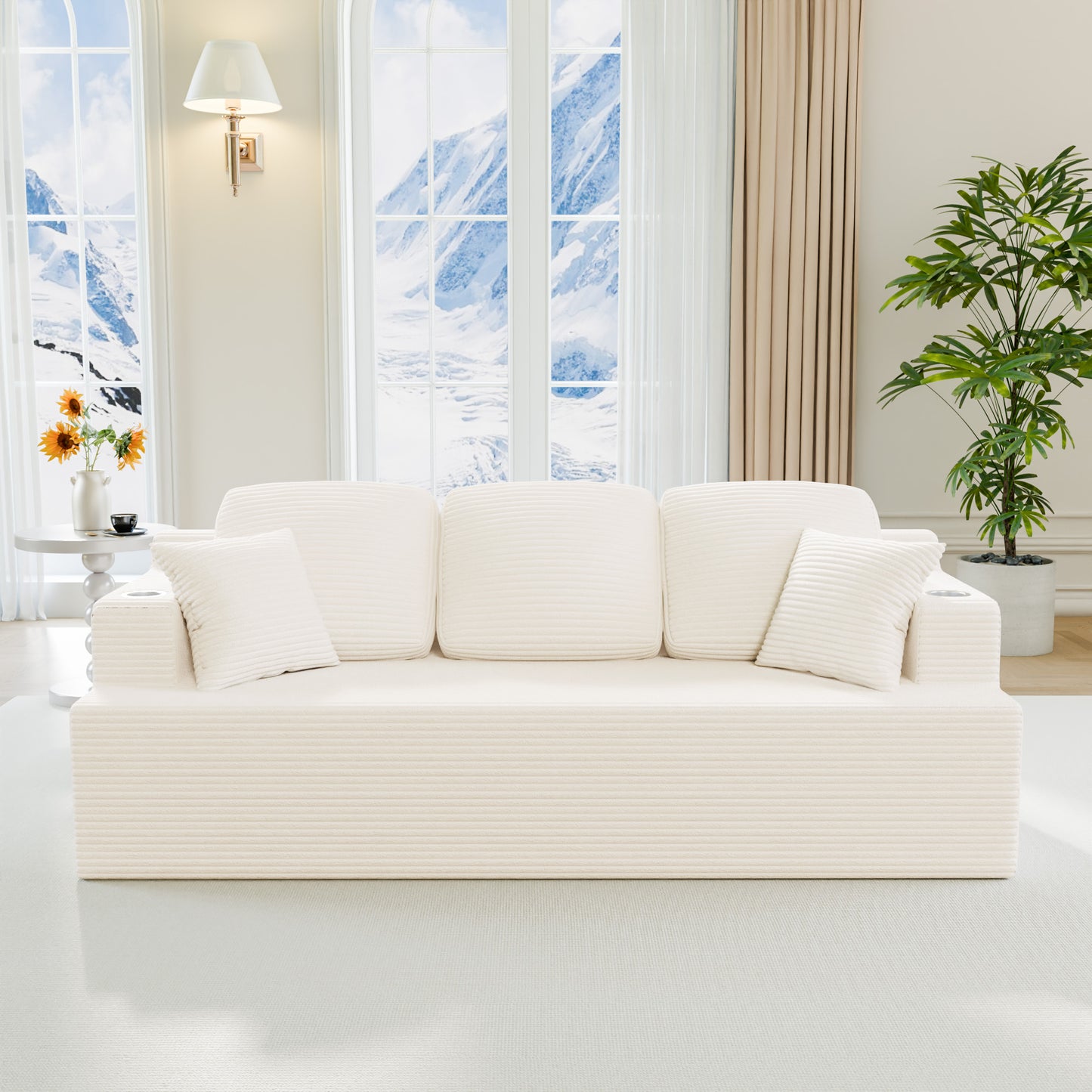 Furmax 86.61" Boneless Sofa with Side Pocket 3 Seats Cloud Loveseat Couch Soft Corduroy Sleeper Sofa Bed with Extra Deep Seats for Living Room