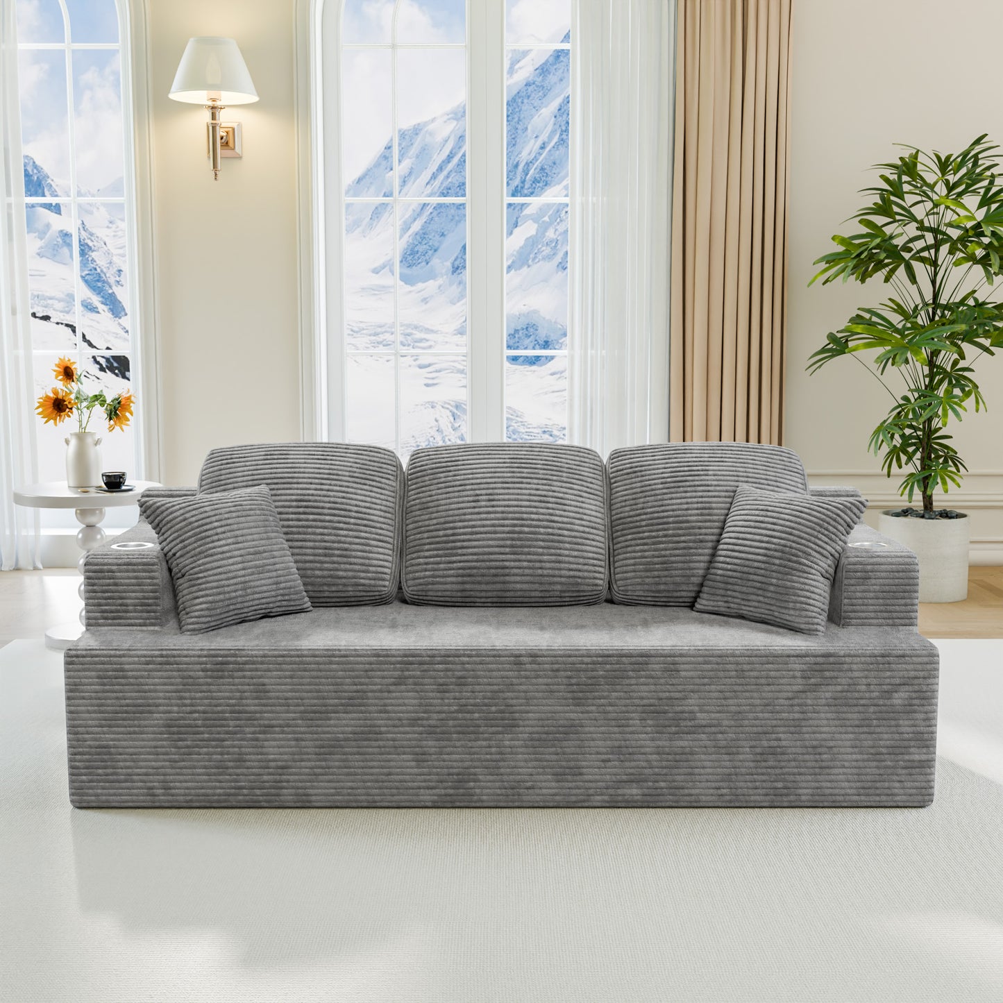 Furmax 86.61" Boneless Sofa with Side Pocket 3 Seats Cloud Loveseat Couch Soft Corduroy Sleeper Sofa Bed with Extra Deep Seats for Living Room