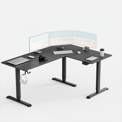 Furmax L-shaped Electric Sit-Stand Desk 63in Wide Electric Stand Up Height Adjustable Lifting Range 28~46in Computer Workstation Standing Desk Height Adjustable