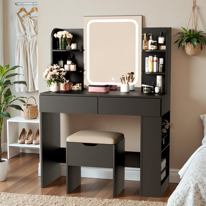 Furmax Makeup Vanity Desk and Bench Set with LED Lighted Mirror Vanity Table with Drawers, Shelves & Side Storage for Bedroom