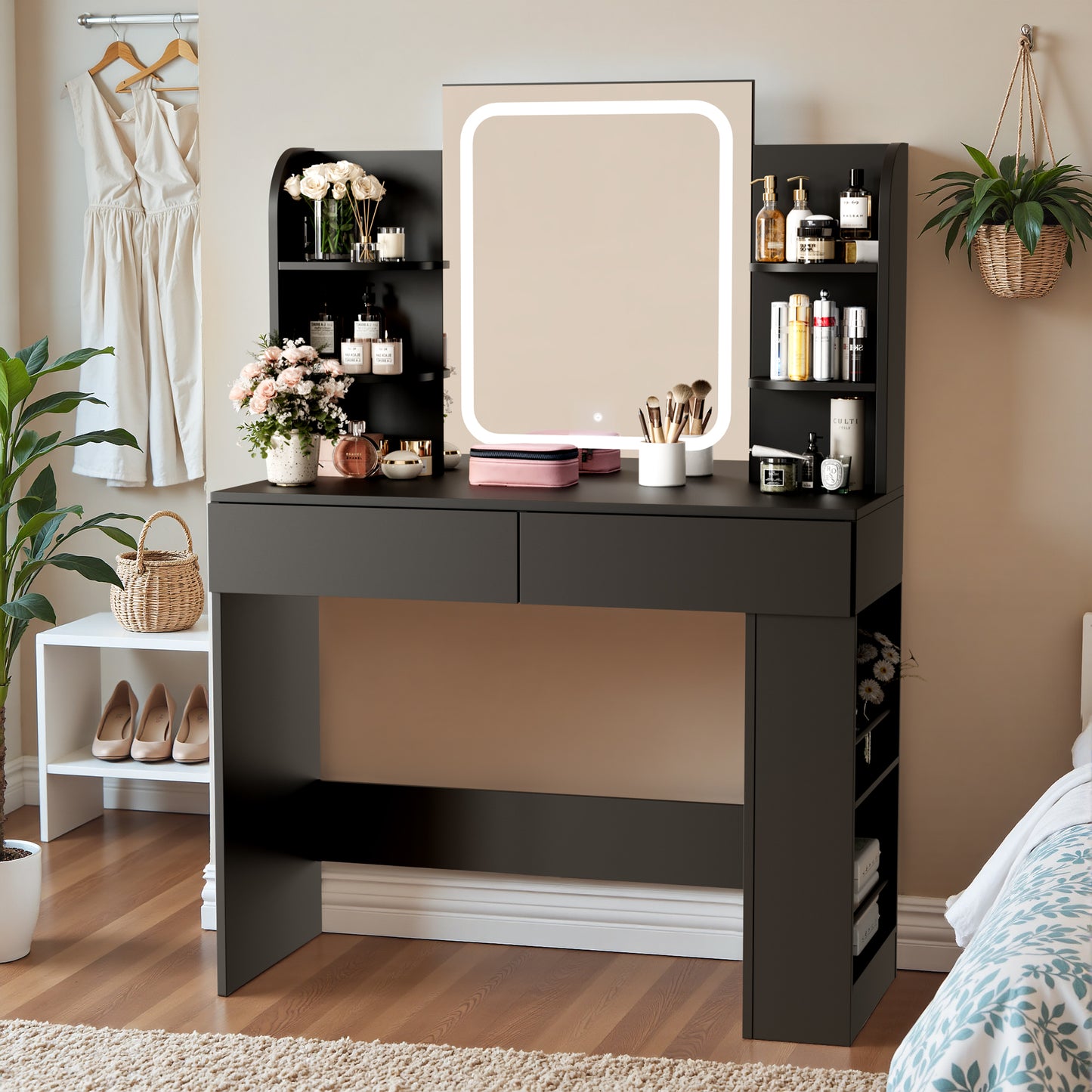 Furmax Makeup Vanity Desk and Bench Set with LED Lighted Mirror Vanity Table with Drawers, Shelves & Side Storage for Bedroom