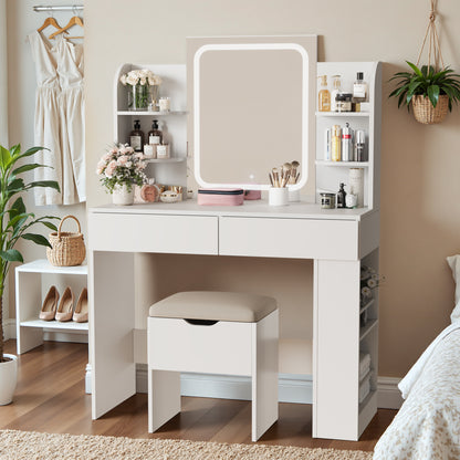 Furmax Makeup Vanity Desk and Bench Set with LED Lighted Mirror Vanity Table with Drawers, Shelves & Side Storage for Bedroom
