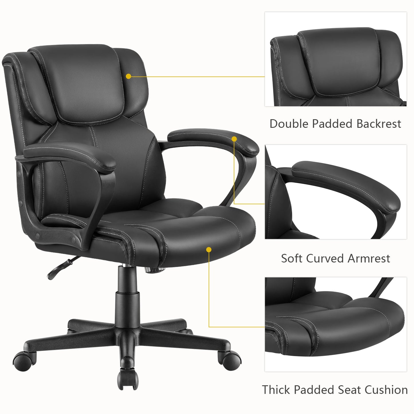 Furmax Mid Back Executive Office Swivel Computer Task Armrests Ergonomic Leather-Padded Desk Chair with Lumbar Support