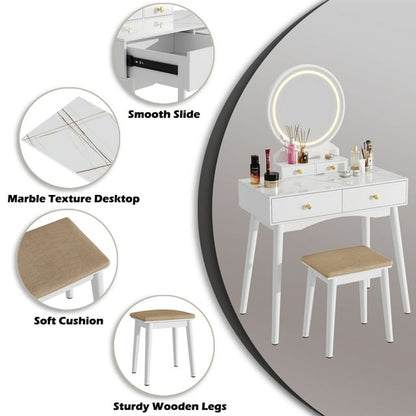 Furmax Vanity Table with Lighted Mirror, Vanity Desk with Stool, Dressing Table with 4 Drawers, Makeup Vanity Set