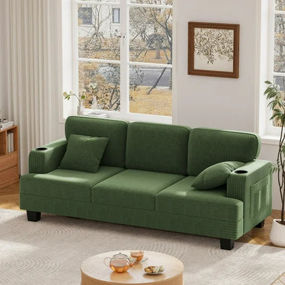 Furmax 84''W 3 Seat Sofa Couch Wide Armrest Modern Fabric Sofa with USB Charging Ports Corduroy Couch for Living Room,Green