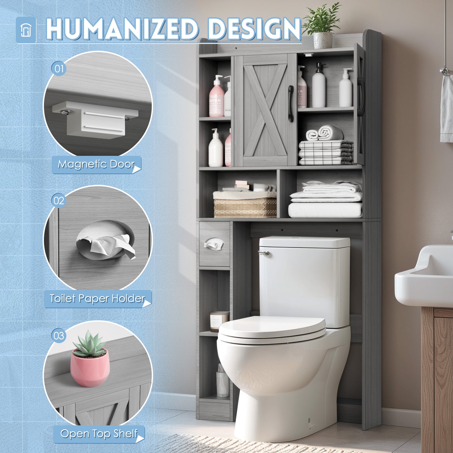 Furmax Farmhouse Style Over The Toilet Storage Cabinet with Barn Doors, Space Saver with Toilet Paper Holder for Bathroom and Restroom