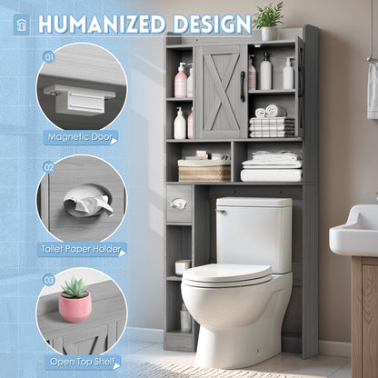 Furmax Farmhouse Style Over The Toilet Storage Cabinet with Barn Doors, Space Saver with Toilet Paper Holder for Bathroom and Restroom