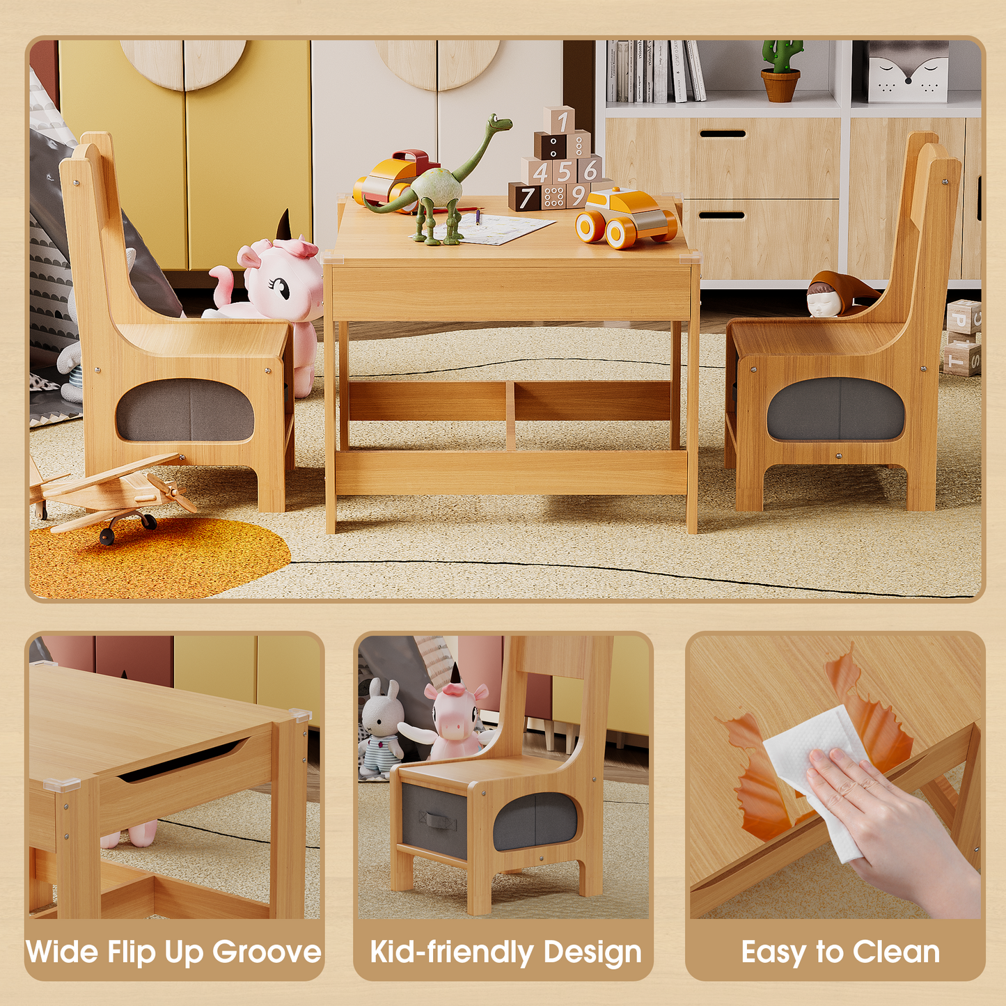 Furmax Children Table and Chair Set, 3 in 1 Wooden Activity Table and Chair Set with 2 in 1 Detachable Tabletop Table Storage Drawer for Home Nursery Playroom