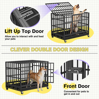Furmax Heavy Duty Dog Crate with Removable Tray Large Dog Kennel Heavy Duty Dog Crate cage with Wheels