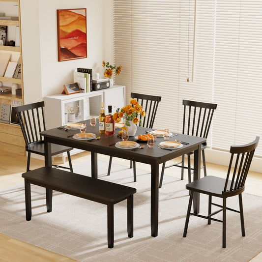 Furmax 6-Piece Durable Dining Table Set with 4 Chairs & 1 Bench, 58" Solid Wood Table for 4-6 People, Perfect for Family Kitchen/Dining Room/Restaurant with Round Corners