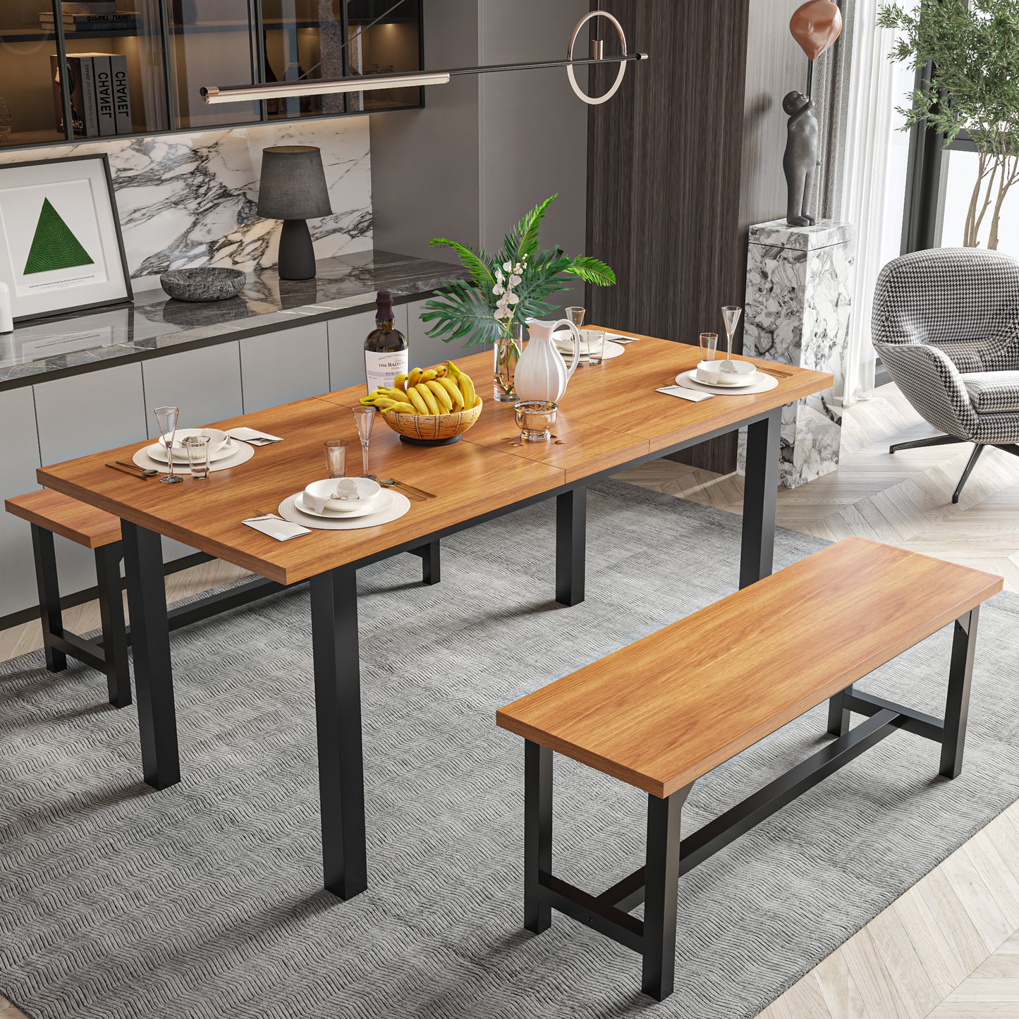Furmax Expandable Dining Table Set for 4 with 2 Benches High Quality Metal Frame & Wood Board Kitchen Living Room Small Space Modern Kitchen Table