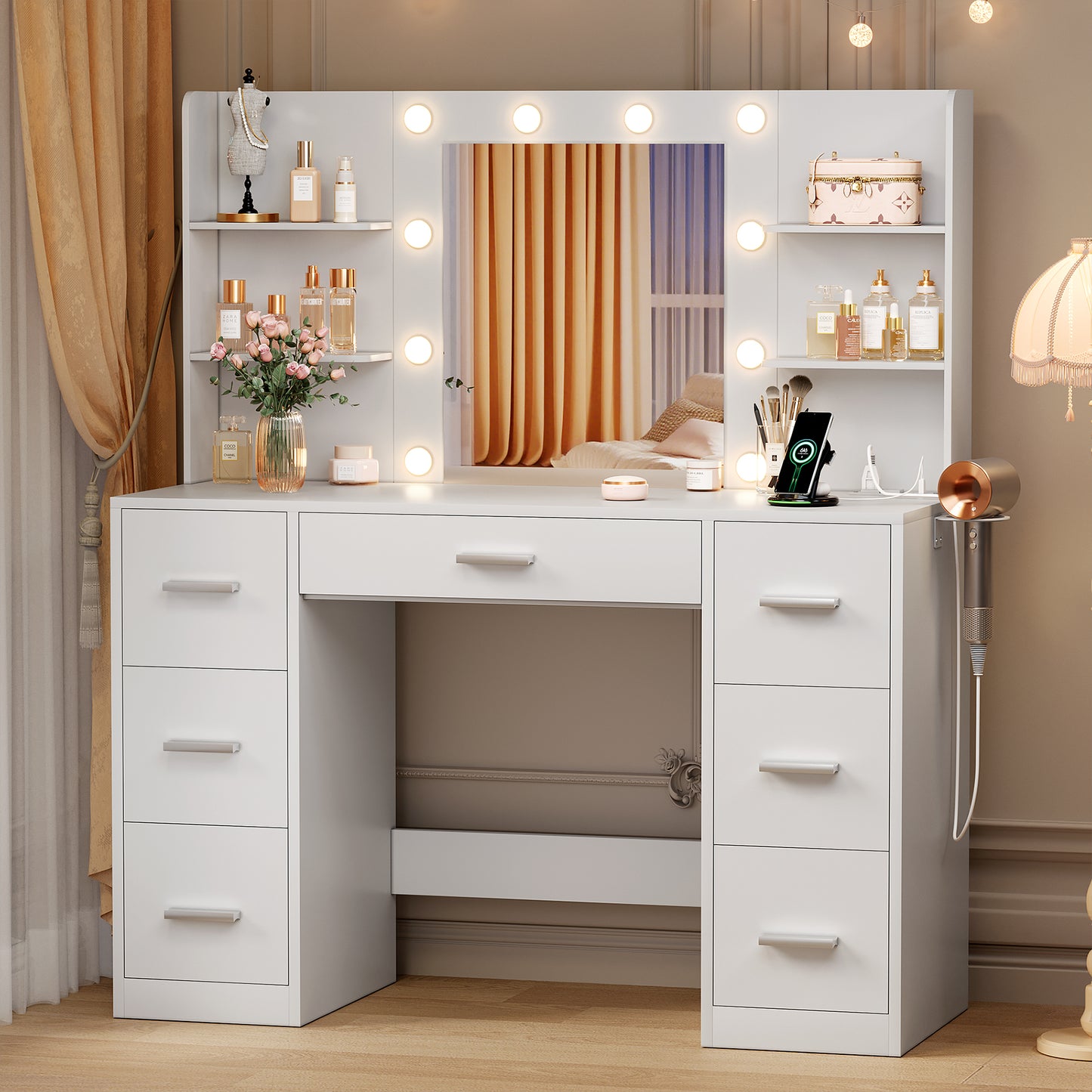 Furmax Makeup Vanity with Mirror and Drawers Vanity Desk Set with 3 Modes Adjustable Brightness Lights and USB Power Outlet