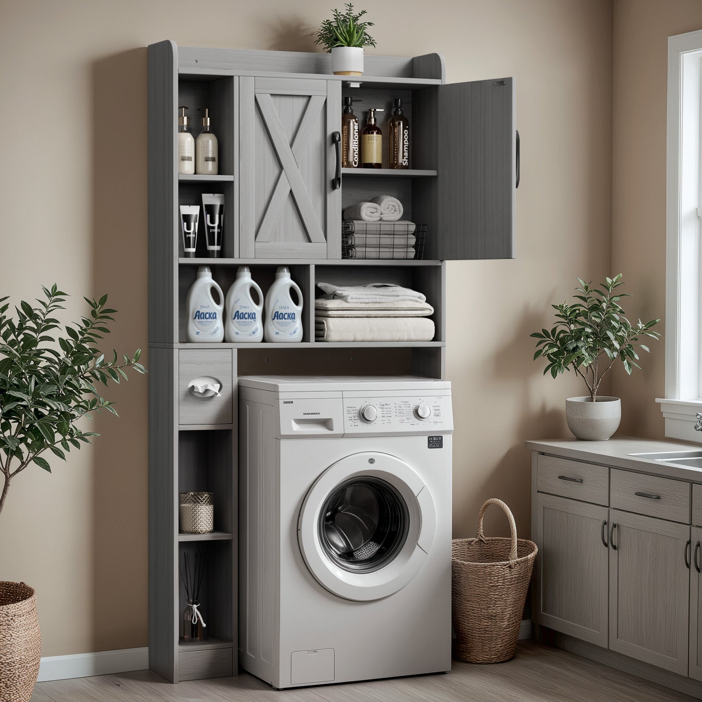 Furmax Farmhouse Style Over The Toilet Storage Cabinet with Barn Doors, Space Saver with Toilet Paper Holder for Bathroom and Restroom