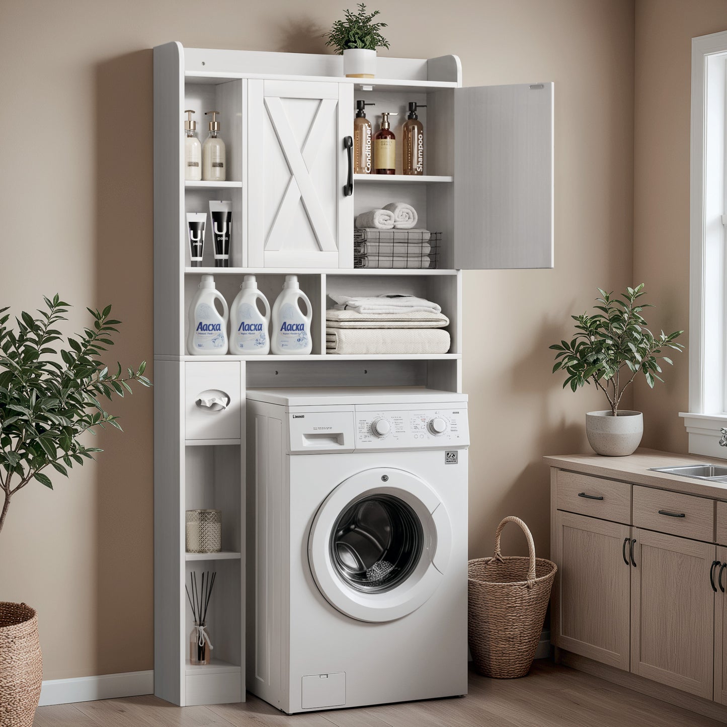 Furmax Farmhouse Style Over The Toilet Storage Cabinet with Barn Doors, Space Saver with Toilet Paper Holder for Bathroom and Restroom