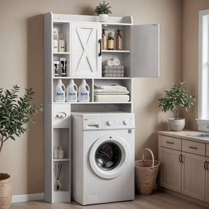 Furmax Farmhouse Style Over The Toilet Storage Cabinet with Barn Doors, Space Saver with Toilet Paper Holder for Bathroom and Restroom