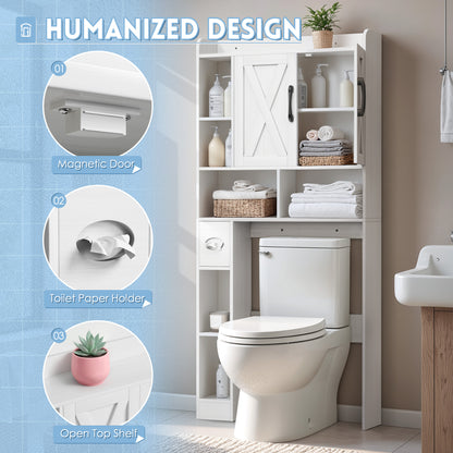 Furmax Farmhouse Style Over The Toilet Storage Cabinet with Barn Doors, Space Saver with Toilet Paper Holder for Bathroom and Restroom
