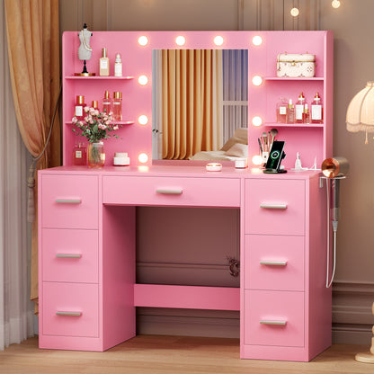 Furmax Makeup Vanity with Mirror and Drawers Vanity Desk Set with 3 Modes Adjustable Brightness Lights and USB Power Outlet