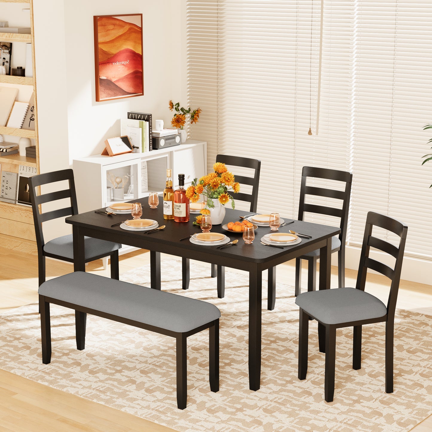 Furmax 6-Piece Durable Dining Table Set with 4 Chairs & 1 Bench, 58" Solid Wood Table for 4-6 People, Perfect for Family Kitchen/Dining Room/Restaurant with Round Corners