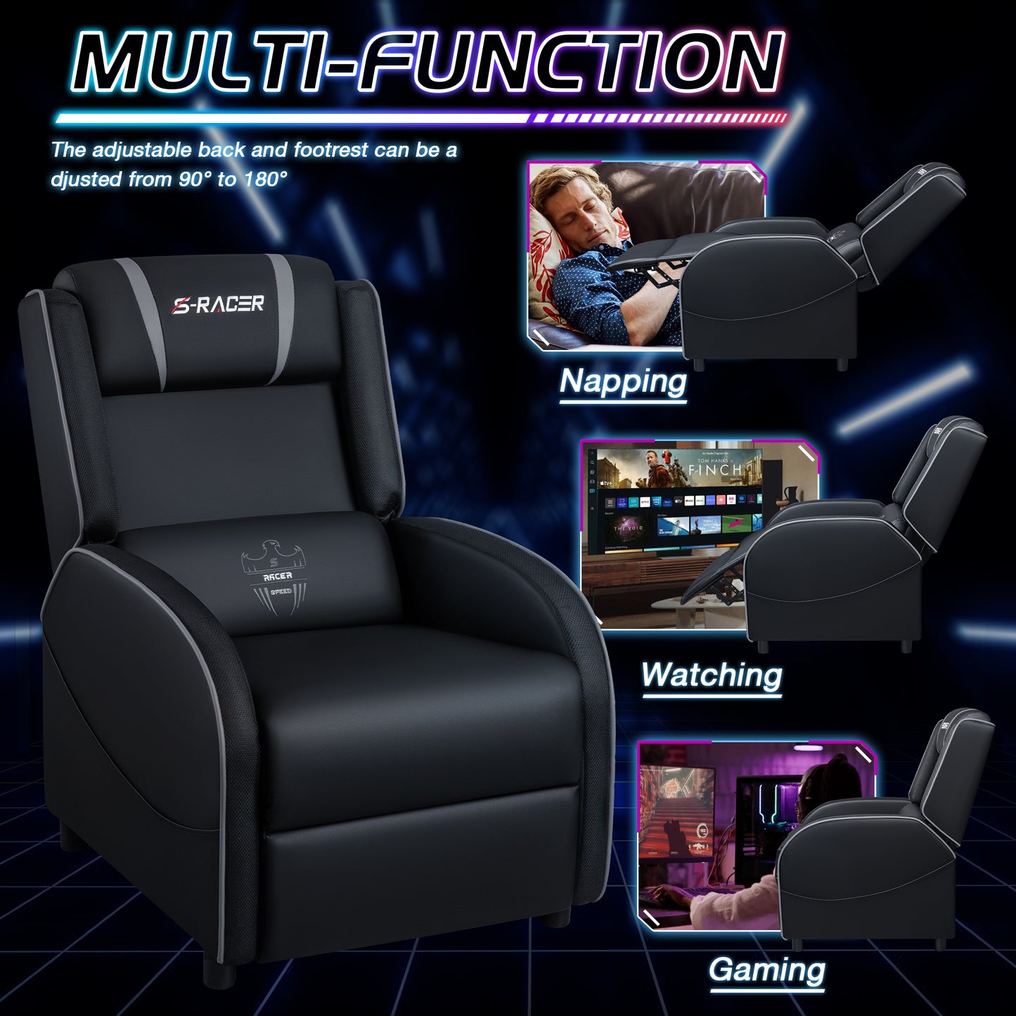 Furmax RGB LED Lights Gaming Massage Recliner Chair Racing Style Single Living Room Sofa Ergonomic Home Theater Seating with Massage Lumbar Support