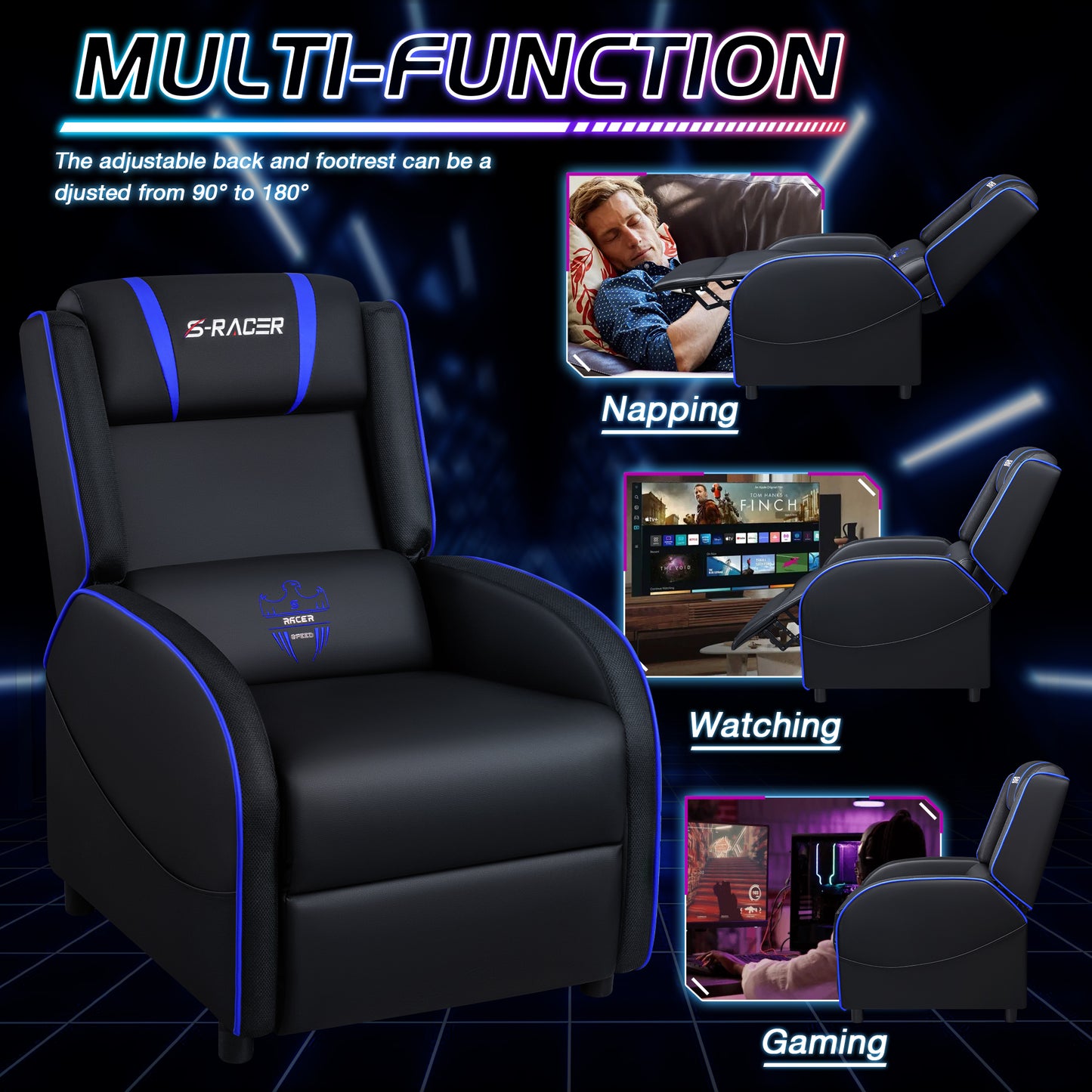 Furmax RGB LED Lights Gaming Massage Recliner Chair Racing Style Single Living Room Sofa Ergonomic Home Theater Seating with Massage Lumbar Support