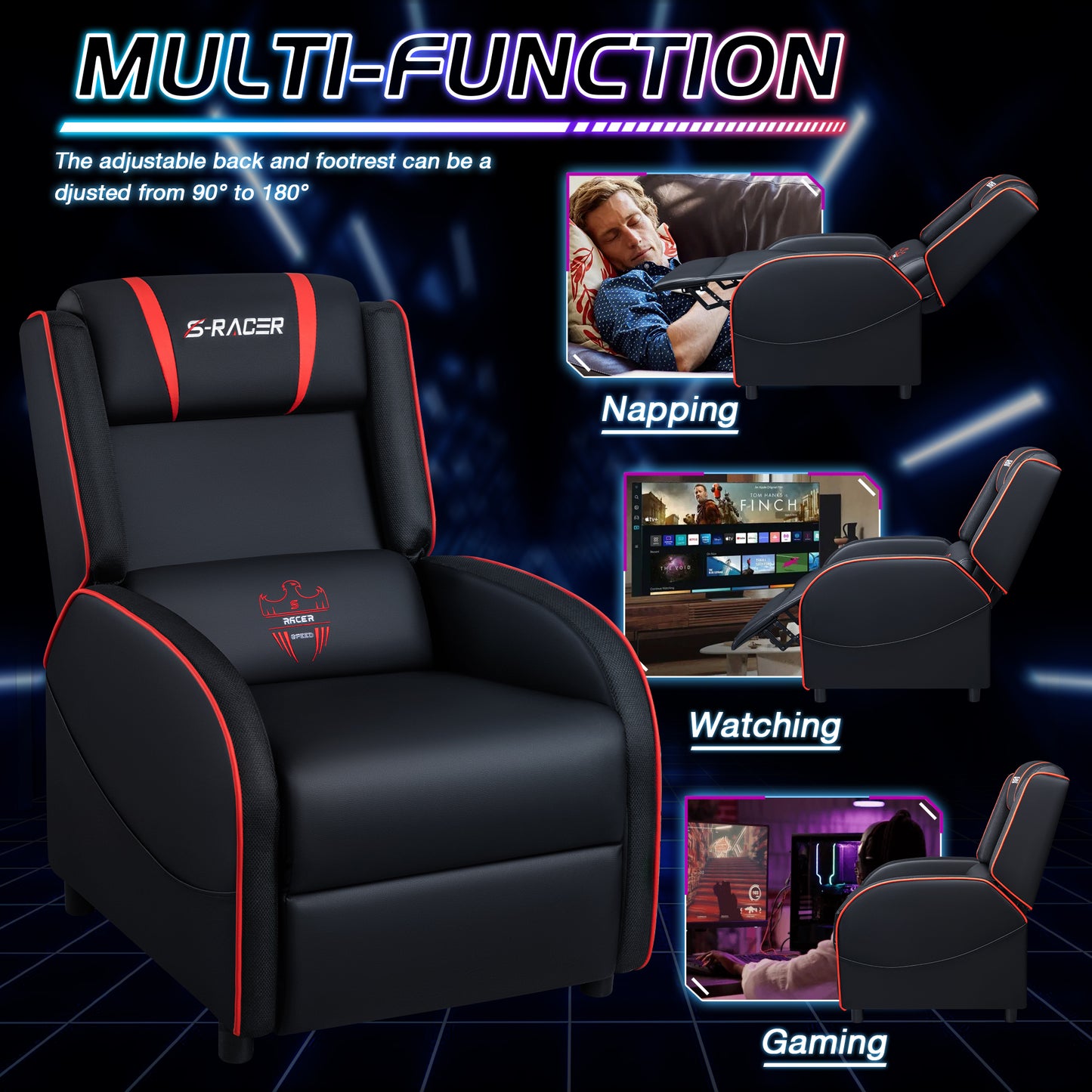 Furmax RGB LED Lights Gaming Massage Recliner Chair Racing Style Single Living Room Sofa Ergonomic Home Theater Seating with Massage Lumbar Support