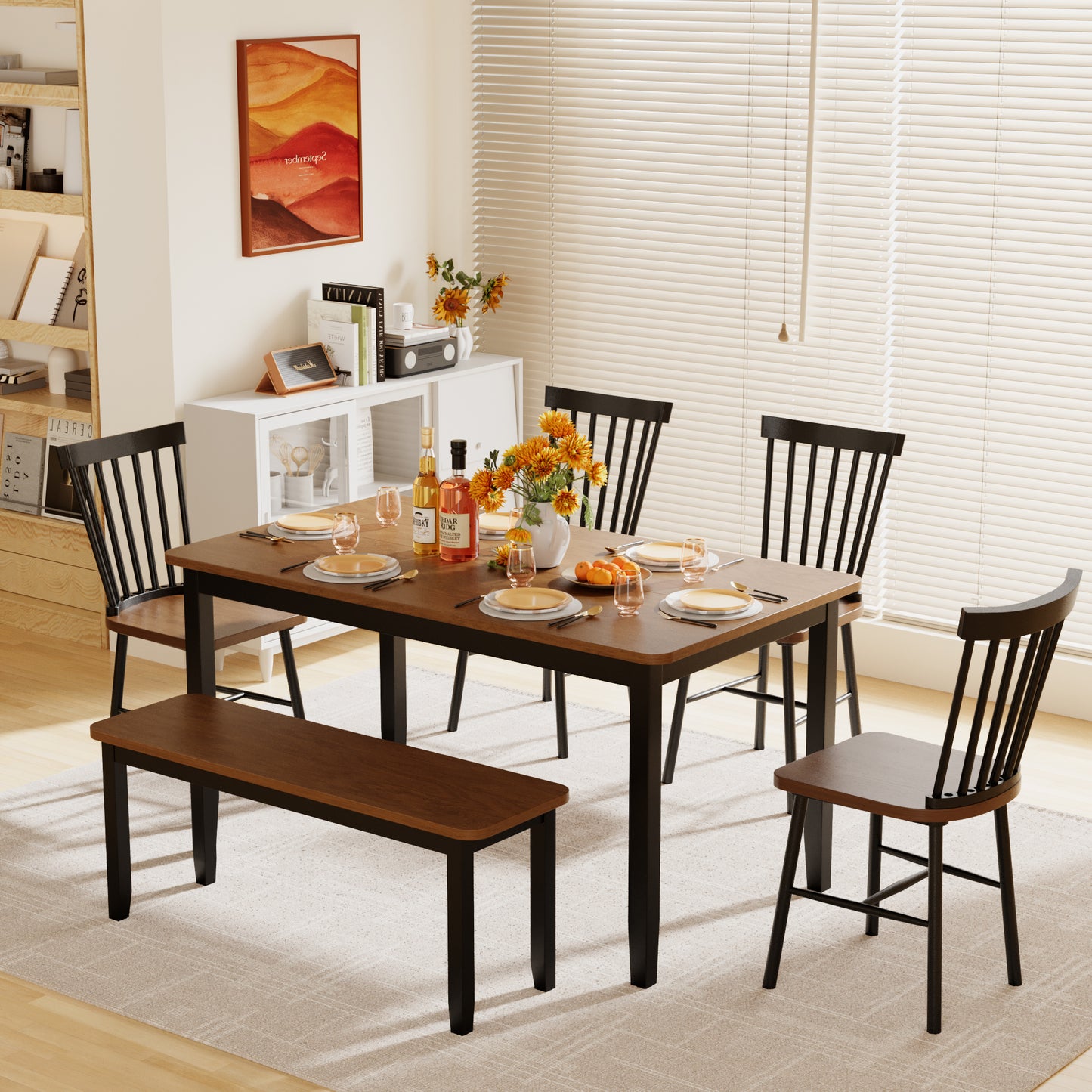 Furmax 6-Piece Durable Dining Table Set with 4 Chairs & 1 Bench, 58" Solid Wood Table for 4-6 People, Perfect for Family Kitchen/Dining Room/Restaurant with Round Corners