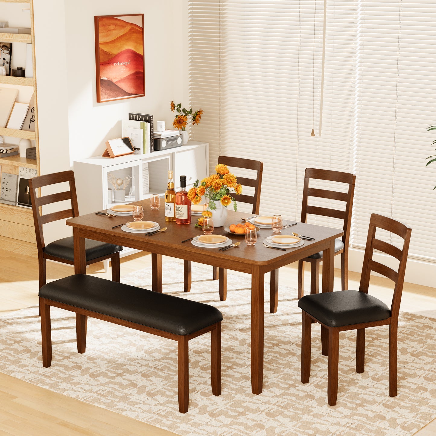 Furmax 6-Piece Durable Dining Table Set with 4 Chairs & 1 Bench, 58" Solid Wood Table for 4-6 People, Perfect for Family Kitchen/Dining Room/Restaurant with Round Corners