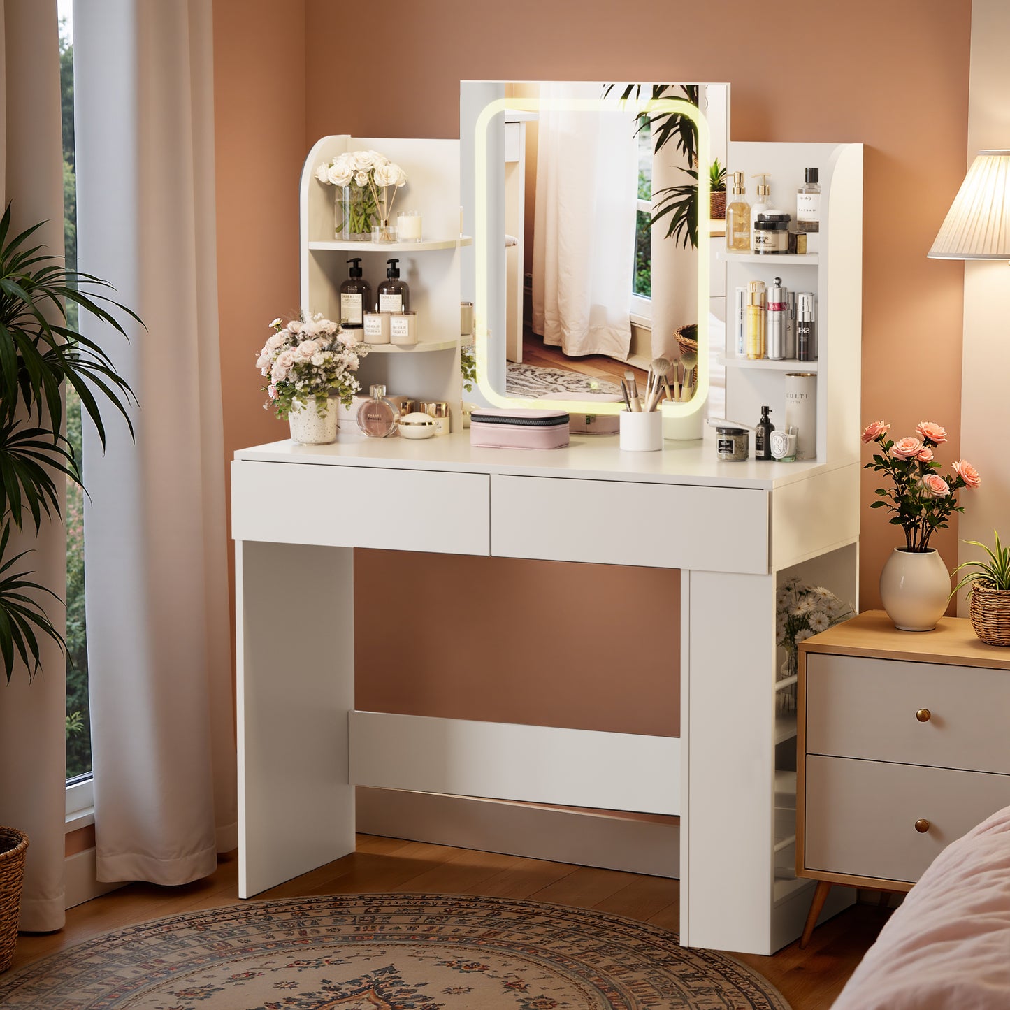 Furmax Makeup Vanity Desk and Bench Set with LED Lighted Mirror Vanity Table with Drawers, Shelves & Side Storage for Bedroom