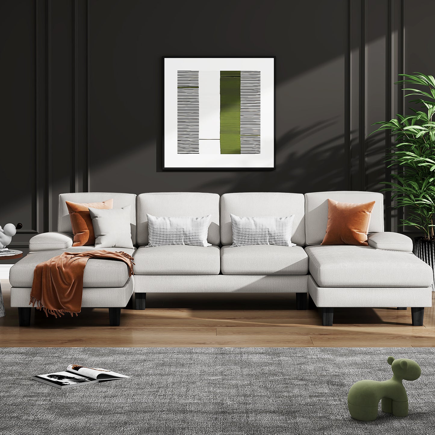 Furmax U-Shaped Sectional Sofa with Chaise, 4 Seats Chenille Fabric Sofa for Living room