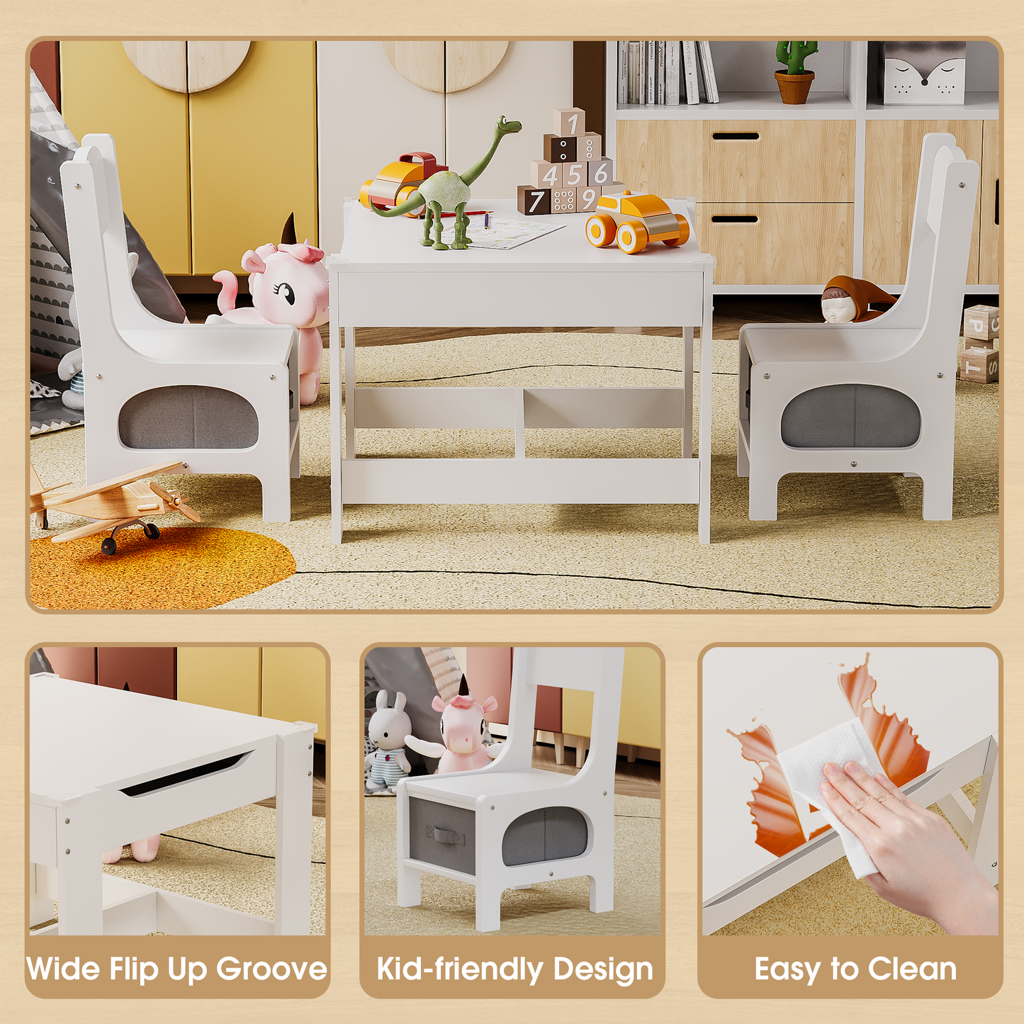Furmax Children Table and Chair Set, 3 in 1 Wooden Activity Table and Chair Set with 2 in 1 Detachable Tabletop Table Storage Drawer for Home Nursery Playroom