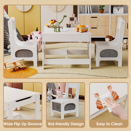 Furmax Children Table and Chair Set, 3 in 1 Wooden Activity Table and Chair Set with 2 in 1 Detachable Tabletop Table Storage Drawer for Home Nursery Playroom