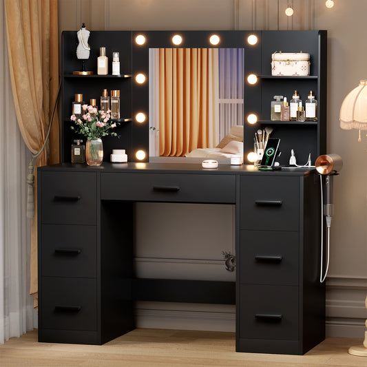 Furmax Makeup Vanity with Mirror and Drawers Vanity Desk Set with 3 Modes Adjustable Brightness Lights and USB Power Outlet
