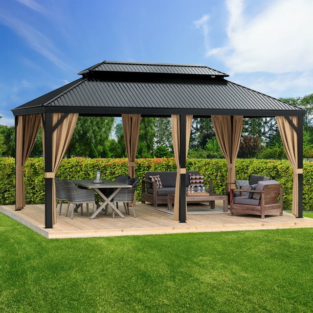 Furmax 10' x 12' Outdoor Hardtop Gazebo Galvanized Steel Metal Double Roof and Aluminum Frame with Canopy, Netting, Curtains Permanent Pergola for Patio Backyard Garden Lawns Parties