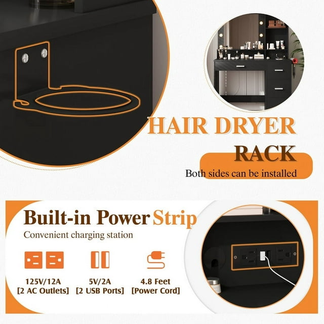 Furmax Vanity Desk with Lights and Mirror Makeup Vanity Table Set with Drawer and Power Outlet
