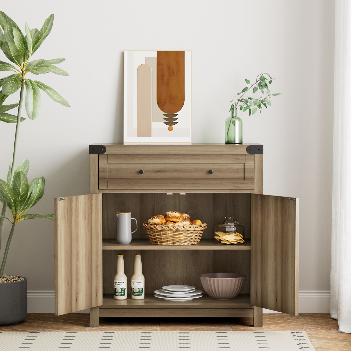 Furmax Modern Farmhouse Storage Cabinet, Wood Kitchen Buffet Sideboard with Drawer and Shelf