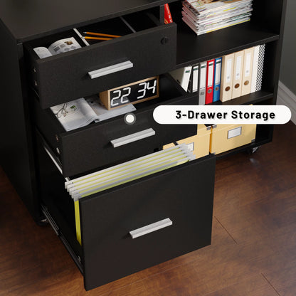 Furmax 3 Drawer Wood File Cabinet, Mobile Lateral Filing Cabinet, Printer Stand with Open Storage Shelves for Home Office, Black