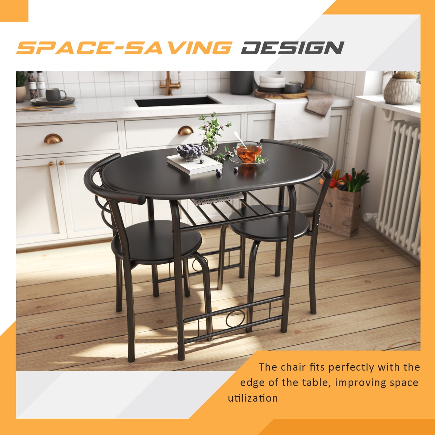 Furmax 3 Piece Wood and Metal Dining set, Small dining table for 2 ,for Living Room, Dining Room, Kitchen