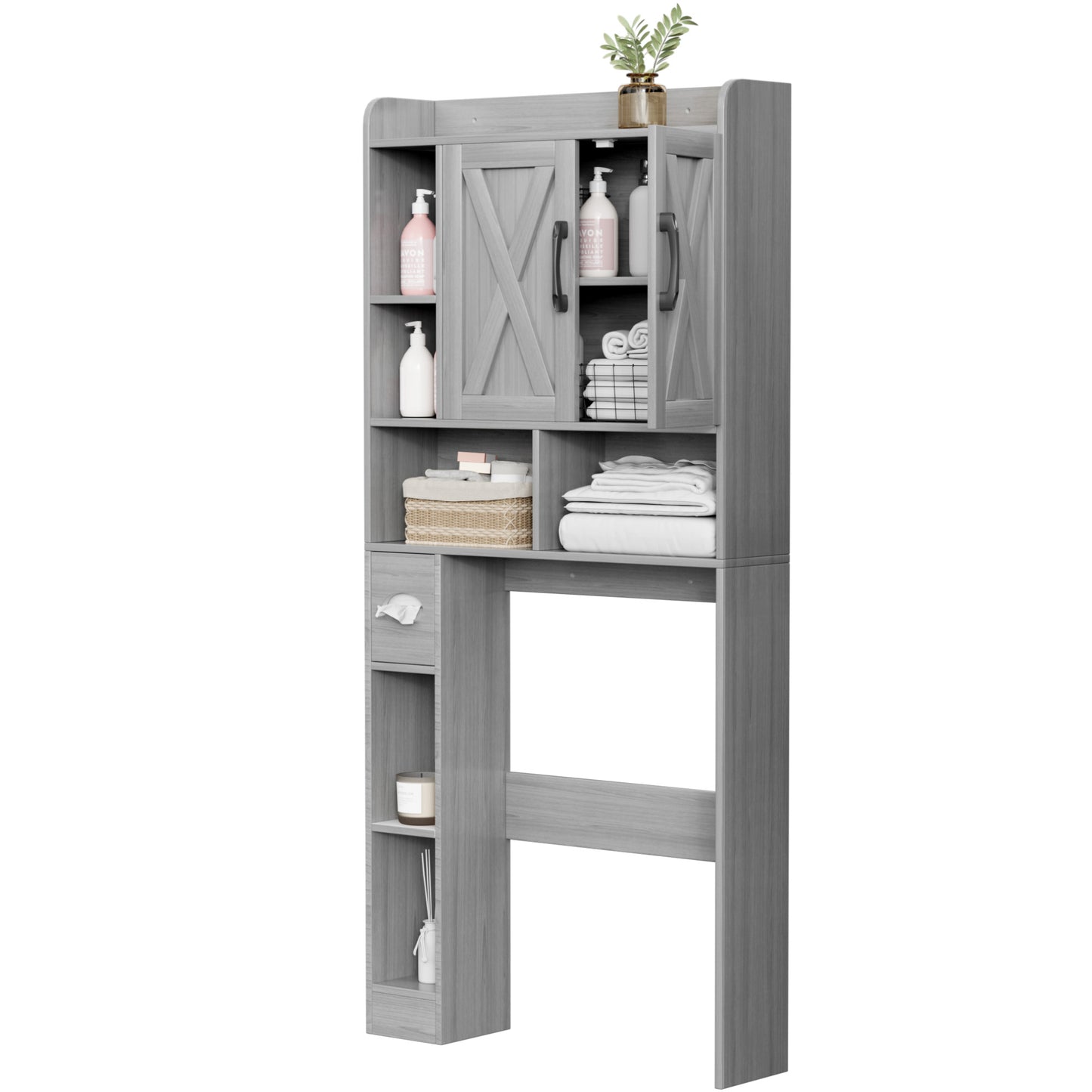 Furmax Farmhouse Style Over The Toilet Storage Cabinet with Barn Doors, Space Saver with Toilet Paper Holder for Bathroom and Restroom