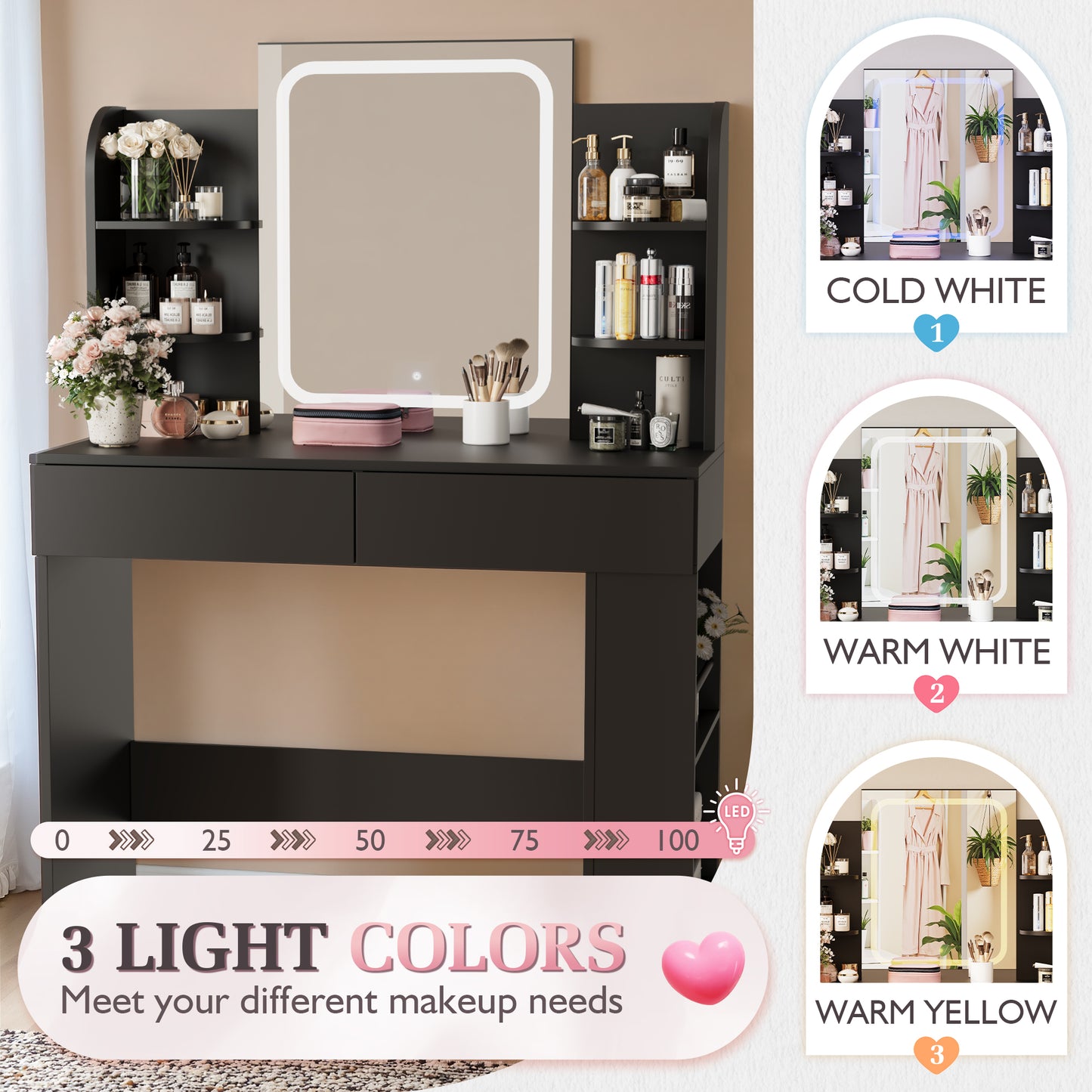 Furmax Makeup Vanity Desk and Bench Set with LED Lighted Mirror Vanity Table with Drawers, Shelves & Side Storage for Bedroom