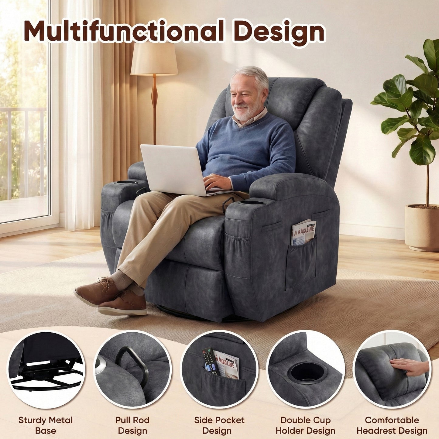 Furmax 360° Massage Swivel Rocker Recliner Single Manual Reclining Chair Sofa Modern Small Recliner Chair for Living Room,Nursery