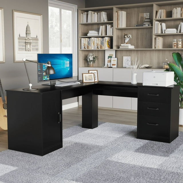 Furmax L Shaped Desk Corner Office Desk Computer Desk with Storage Cabinet & Drawers