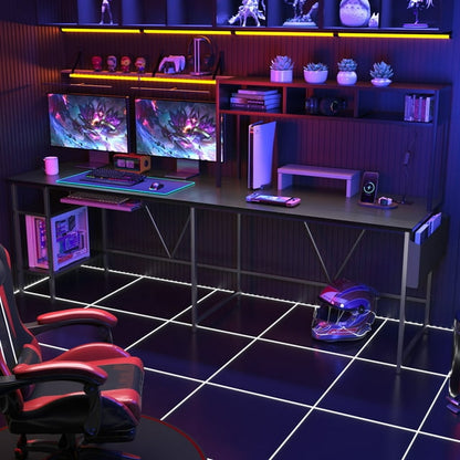 Furmax L-Shape Office Desk Gaming Table with LED Lights Storage Rack Built-in Socket Computer Stand Organizer Pocket Keyboard Drawer
