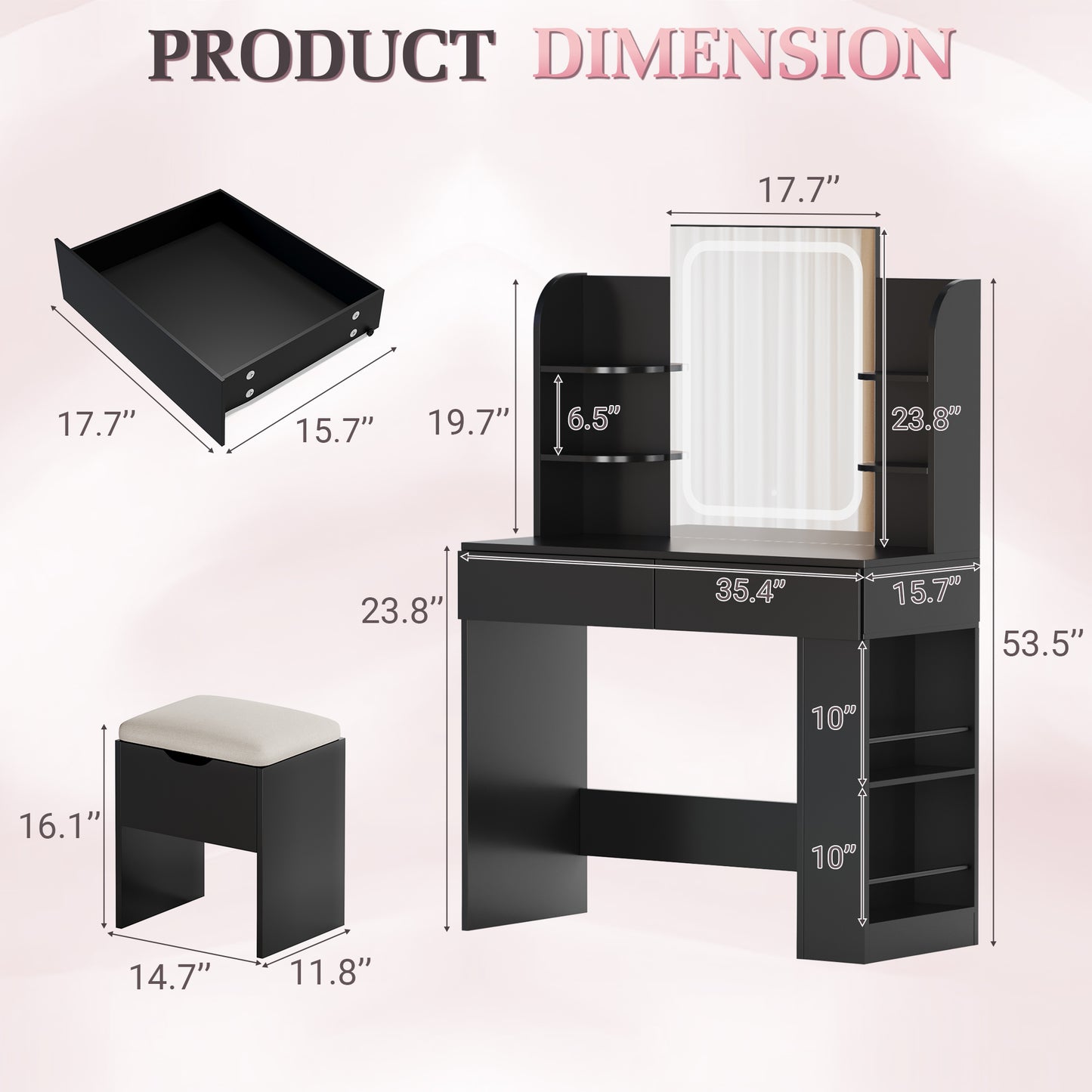 Furmax Makeup Vanity Desk and Bench Set with LED Lighted Mirror Vanity Table with Drawers, Shelves & Side Storage for Bedroom