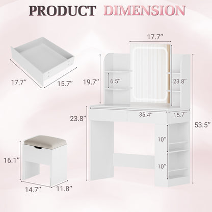 Furmax Makeup Vanity Desk and Bench Set with LED Lighted Mirror Vanity Table with Drawers, Shelves & Side Storage for Bedroom