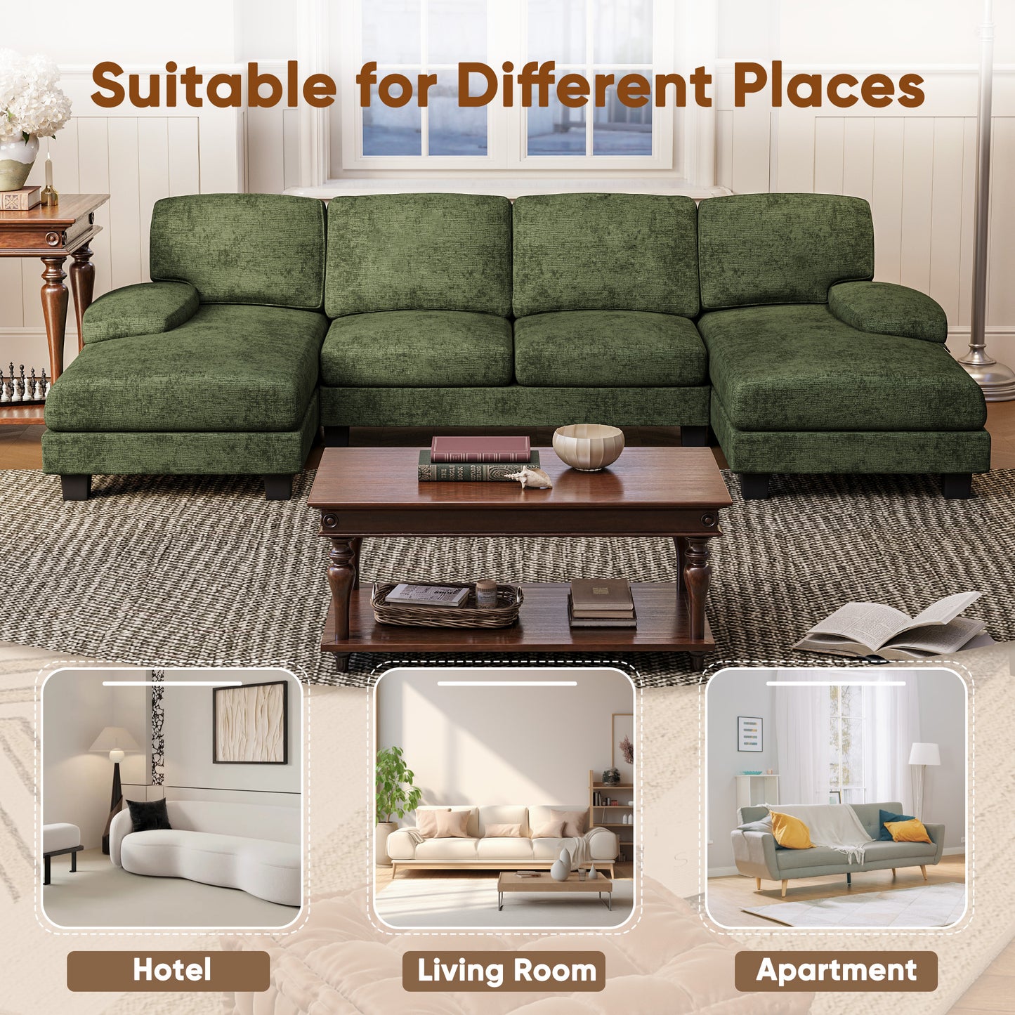 Furmax U Shaped Sectional Sofa Couch with Double Chaise for Apartments