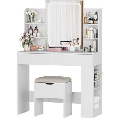 Furmax Makeup Vanity Desk and Bench Set with LED Lighted Mirror Vanity Table with Drawers, Shelves & Side Storage for Bedroom